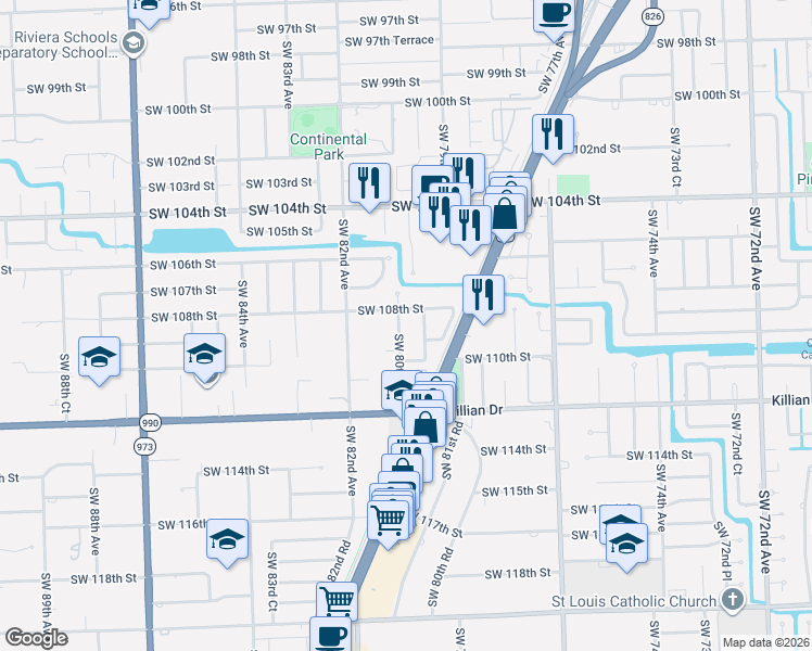 map of restaurants, bars, coffee shops, grocery stores, and more near 8000 Southwest 108th Street in Miami