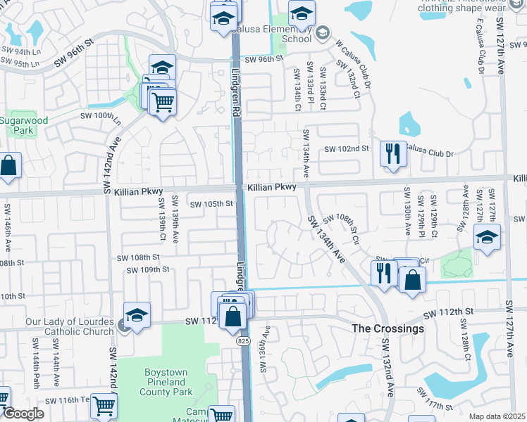 map of restaurants, bars, coffee shops, grocery stores, and more near 10510 Southwest 135th Court in Miami