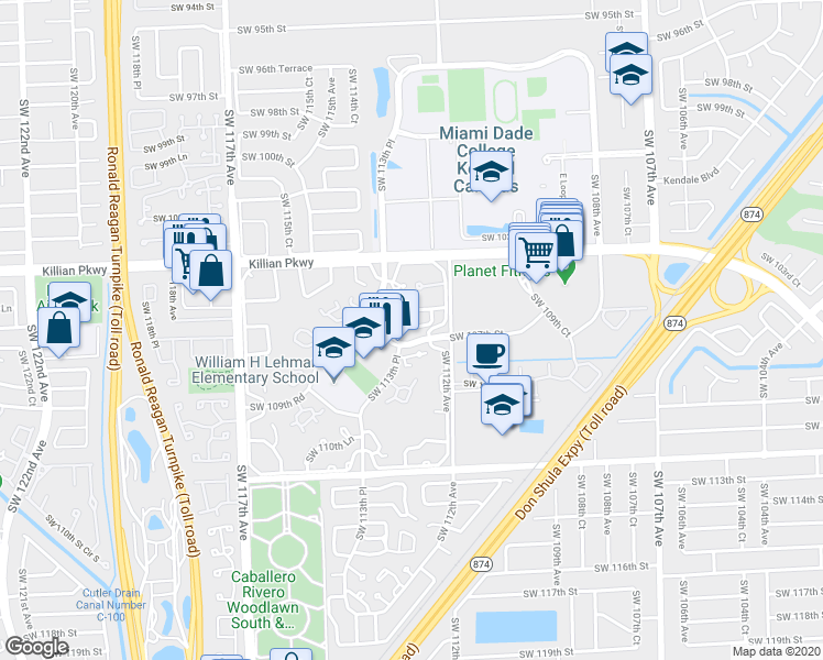 map of restaurants, bars, coffee shops, grocery stores, and more near 10615 Southwest 106th Street in Miami
