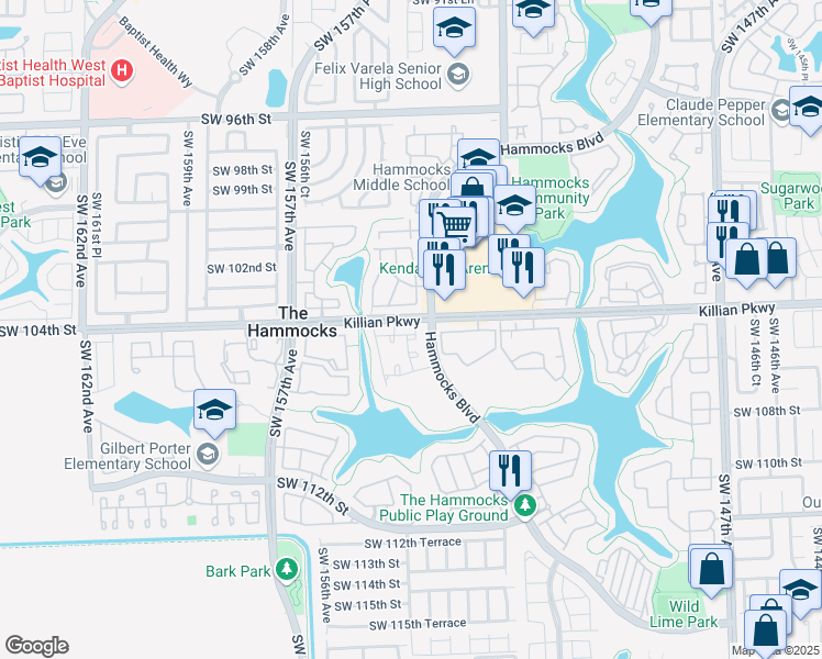 map of restaurants, bars, coffee shops, grocery stores, and more near 15365 Southwest 104th Terrace in Miami