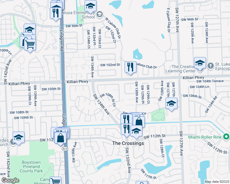 map of restaurants, bars, coffee shops, grocery stores, and more near 13240 Southwest 105th Street in Miami