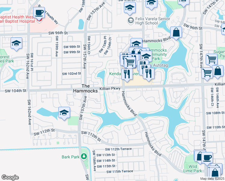 map of restaurants, bars, coffee shops, grocery stores, and more near 15365 Southwest 104th Terrace in Miami