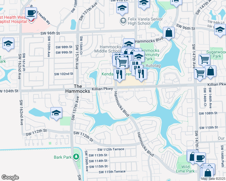 map of restaurants, bars, coffee shops, grocery stores, and more near 15365 Southwest 104th Terrace in Miami