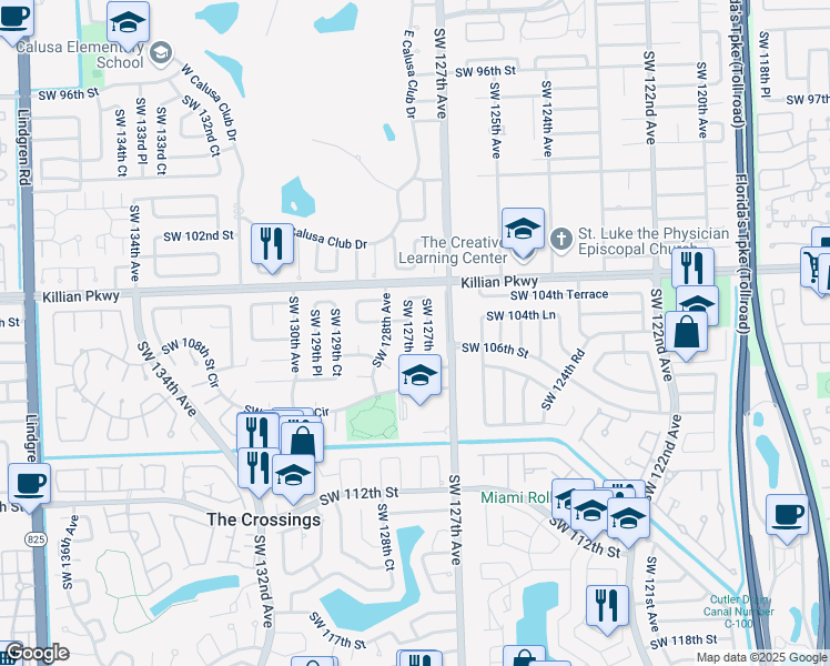 map of restaurants, bars, coffee shops, grocery stores, and more near 10525 Southwest 127th Place in Miami