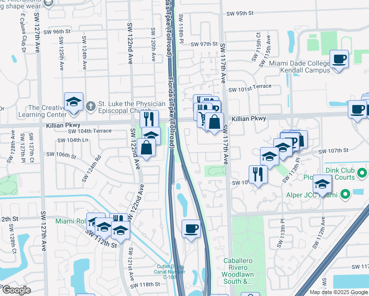 map of restaurants, bars, coffee shops, grocery stores, and more near 10528 Southwest 118th Place in Miami
