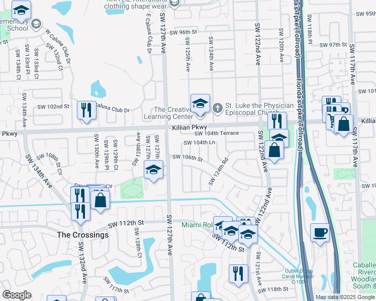 map of restaurants, bars, coffee shops, grocery stores, and more near 10500 Southwest 125th Avenue in Miami