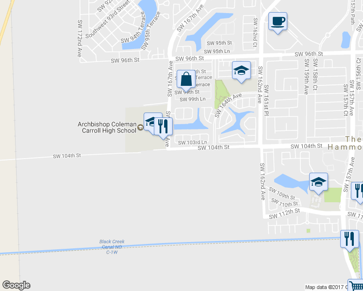 map of restaurants, bars, coffee shops, grocery stores, and more near 16538 SW 103rd Ln in Miami