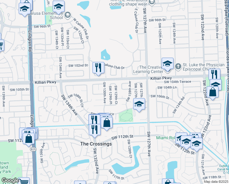 map of restaurants, bars, coffee shops, grocery stores, and more near 10560 Southwest 129th Court in Miami