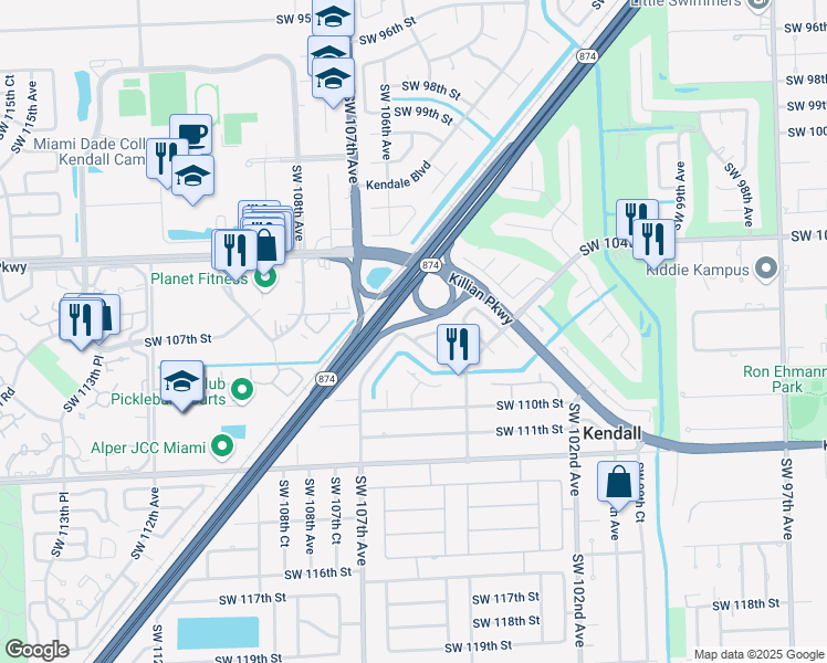 map of restaurants, bars, coffee shops, grocery stores, and more near 10870 Southwest 106th Avenue in Miami