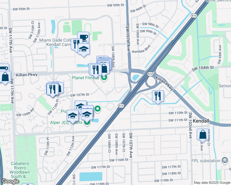 map of restaurants, bars, coffee shops, grocery stores, and more near 10785 Southwest 108th Avenue in Miami