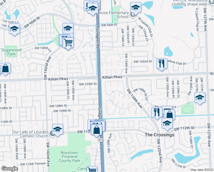 map of restaurants, bars, coffee shops, grocery stores, and more near 10510 Southwest 135th Court in Miami