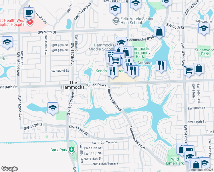 map of restaurants, bars, coffee shops, grocery stores, and more near 4 Southwest 104th Street in Miami