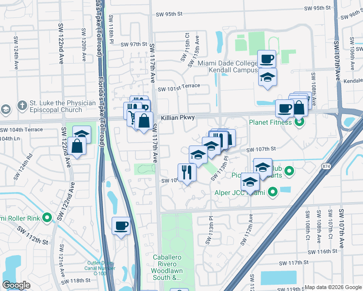 map of restaurants, bars, coffee shops, grocery stores, and more near 11499 Southwest 109th Road in Miami