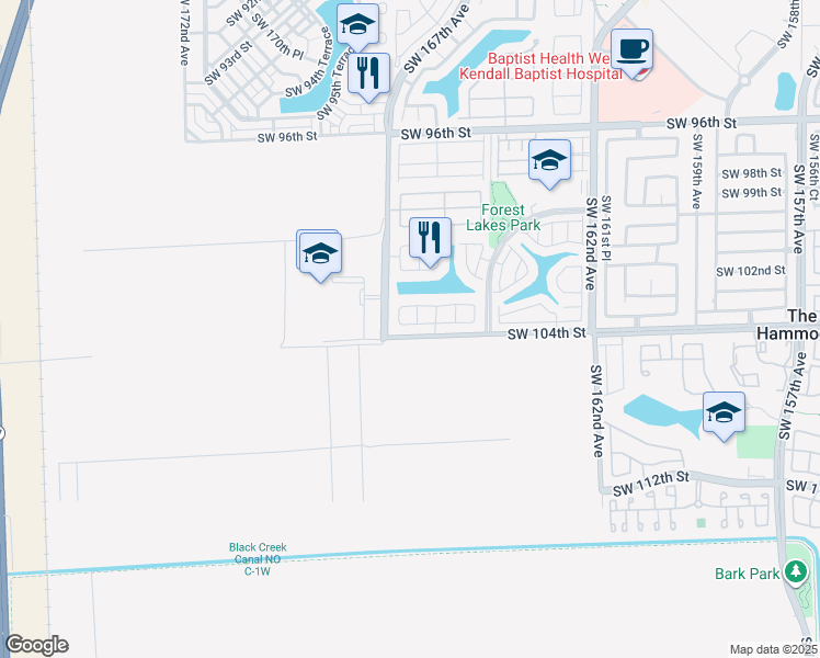 map of restaurants, bars, coffee shops, grocery stores, and more near 16538 Southwest 103rd Lane in Miami