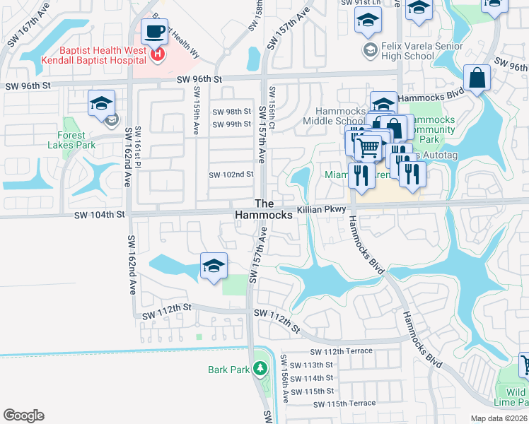 map of restaurants, bars, coffee shops, grocery stores, and more near SW 157th Ave & SW 104th St in The Hammocks