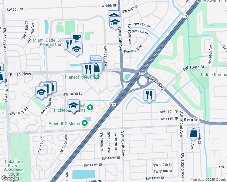 map of restaurants, bars, coffee shops, grocery stores, and more near 10661 Southwest 108th Avenue in Miami