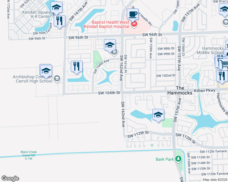 map of restaurants, bars, coffee shops, grocery stores, and more near 16276 Southwest 103rd Terrace in Miami