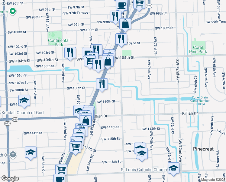 map of restaurants, bars, coffee shops, grocery stores, and more near 10840 Southwest 78th Avenue in Miami