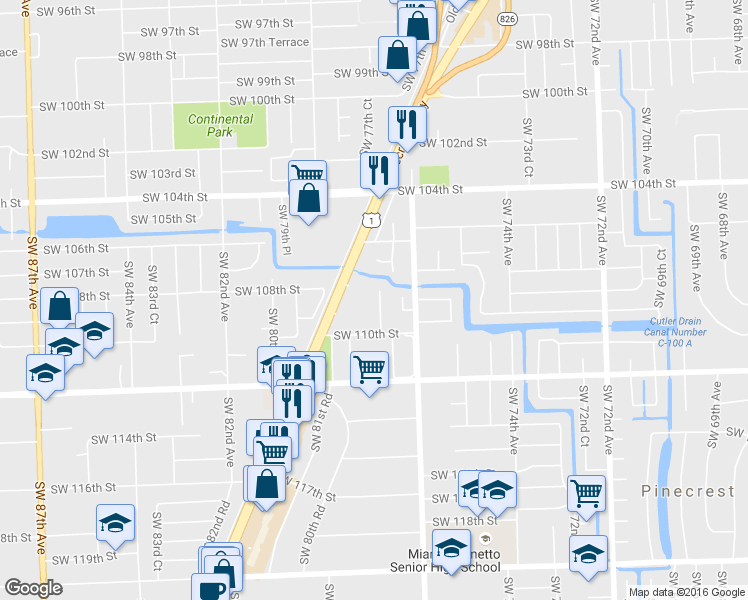 map of restaurants, bars, coffee shops, grocery stores, and more near 10840 Southwest 78th Avenue in Miami