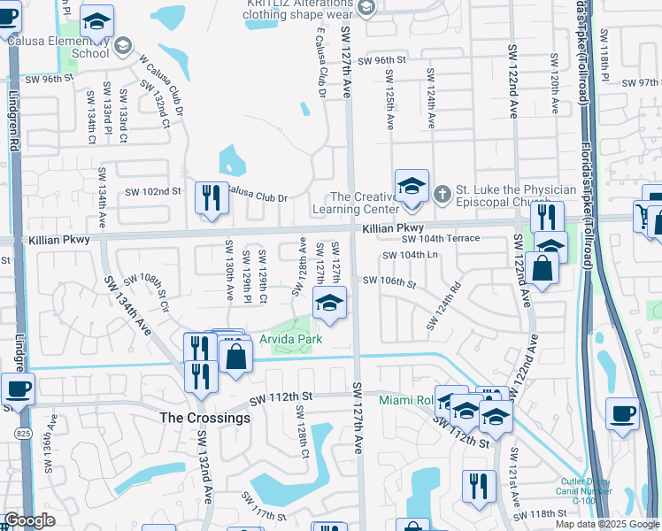 map of restaurants, bars, coffee shops, grocery stores, and more near 10525 Southwest 127th Place in Miami