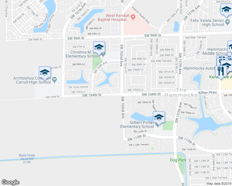 map of restaurants, bars, coffee shops, grocery stores, and more near 16276 Southwest 103rd Terrace in Miami