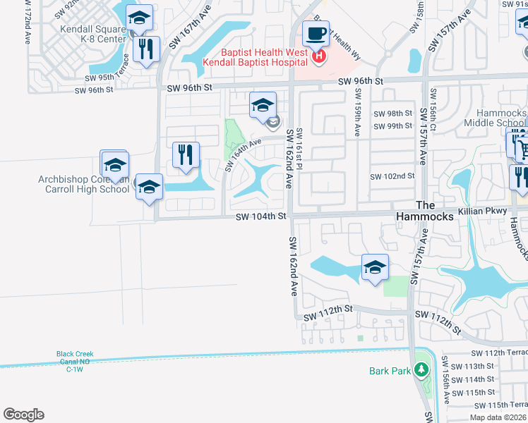 map of restaurants, bars, coffee shops, grocery stores, and more near 16276 Southwest 103rd Terrace in Miami