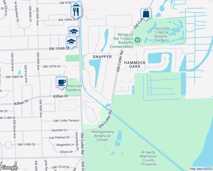 map of restaurants, bars, coffee shops, grocery stores, and more near 10945 Lakeside Drive in Coral Gables