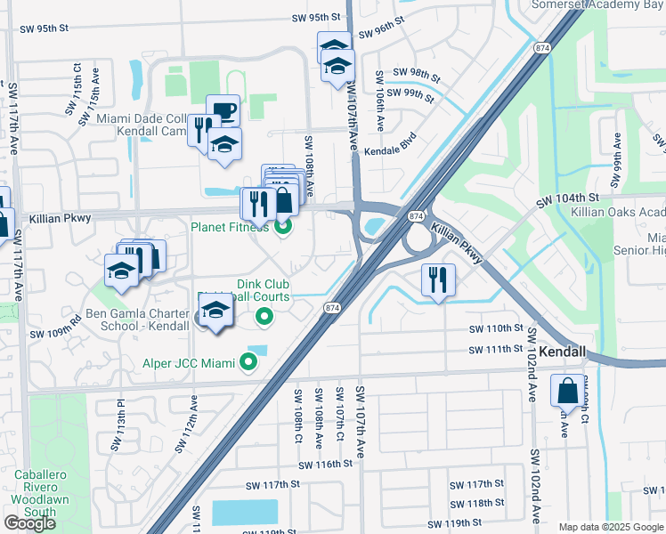 map of restaurants, bars, coffee shops, grocery stores, and more near 10641 Southwest 108th Avenue in Miami