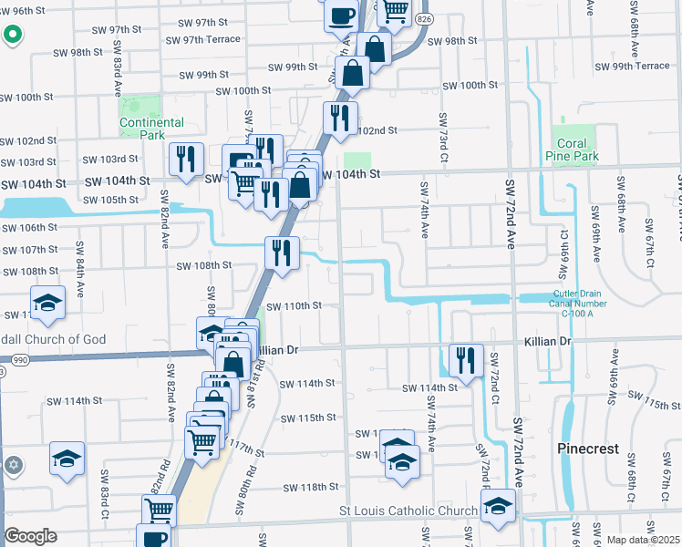 map of restaurants, bars, coffee shops, grocery stores, and more near 13403 Southwest 108th Terrace in Miami