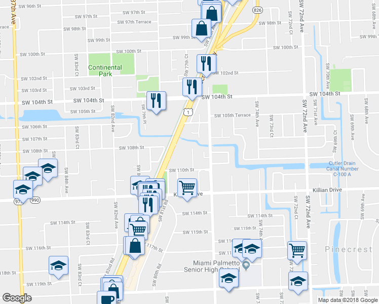 map of restaurants, bars, coffee shops, grocery stores, and more near 10820 Southwest 78th Avenue in Miami