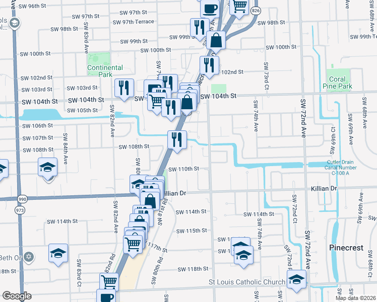 map of restaurants, bars, coffee shops, grocery stores, and more near 10820 Southwest 78th Avenue in Miami