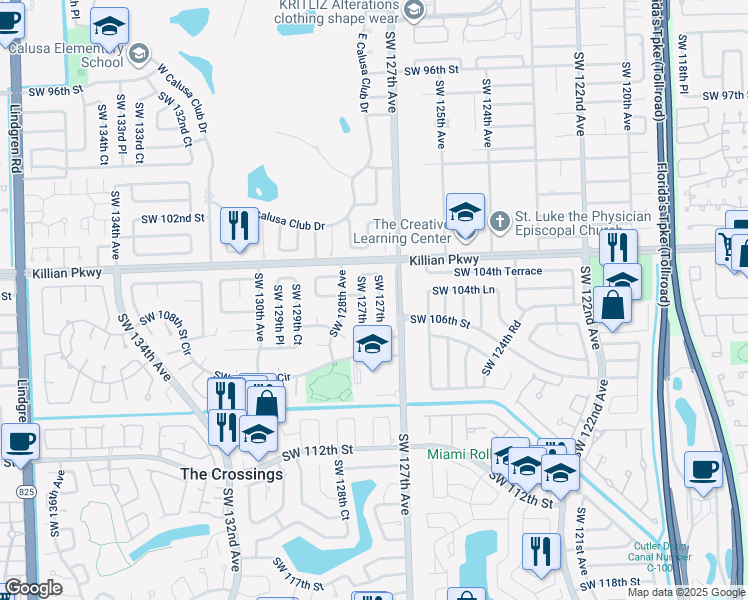 map of restaurants, bars, coffee shops, grocery stores, and more near 10525 Southwest 127th Place in Miami