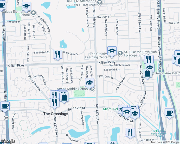 map of restaurants, bars, coffee shops, grocery stores, and more near 10525 Southwest 127th Place in Miami