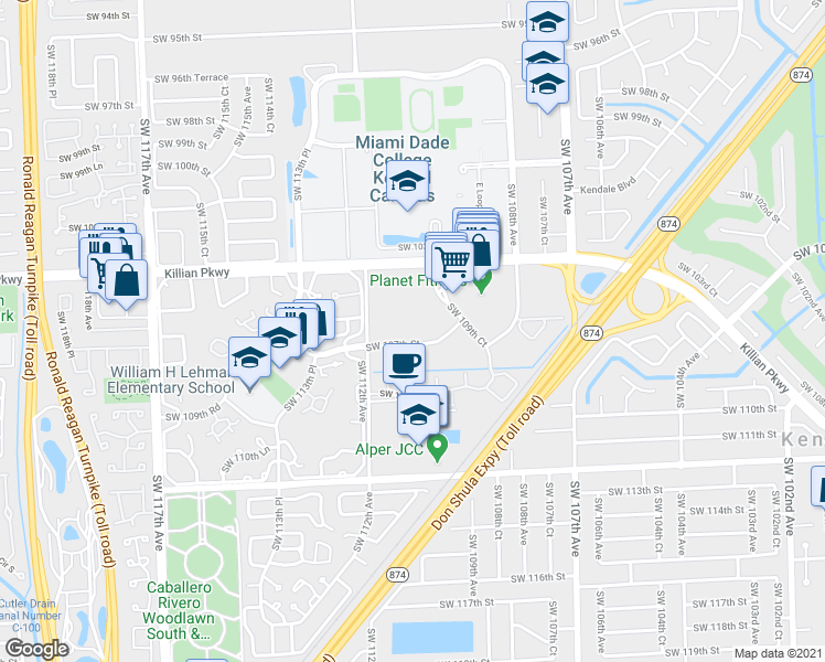 map of restaurants, bars, coffee shops, grocery stores, and more near 10621 Southwest 112th Avenue in Miami