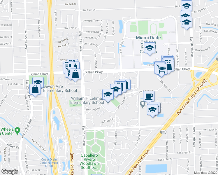 map of restaurants, bars, coffee shops, grocery stores, and more near 11451 Southwest 109th Road in Miami