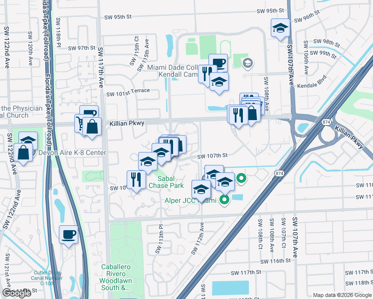 map of restaurants, bars, coffee shops, grocery stores, and more near 10615 Southwest 106th Street in Miami