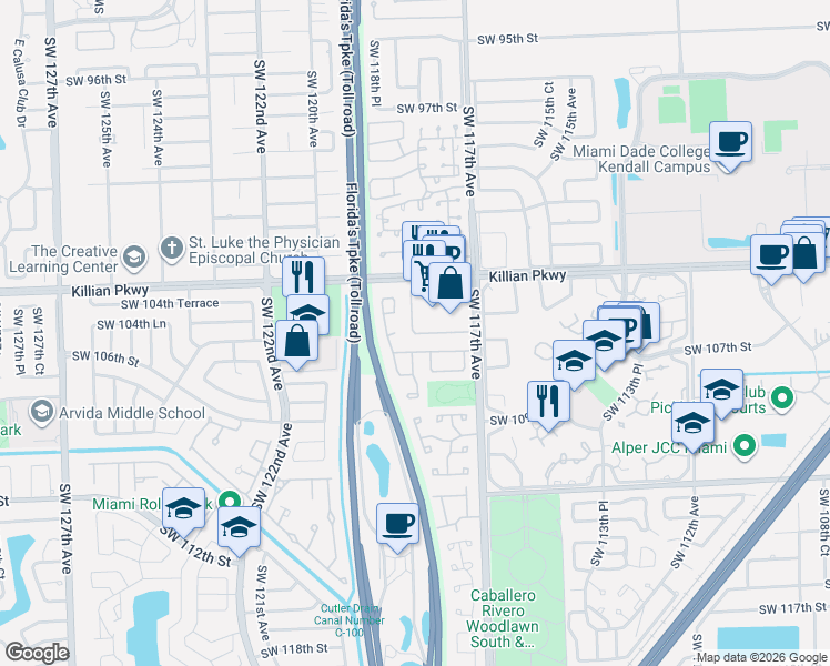 map of restaurants, bars, coffee shops, grocery stores, and more near 11809 Southwest 107th Terrace in Miami