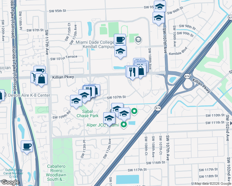 map of restaurants, bars, coffee shops, grocery stores, and more near 10621 Southwest 112th Avenue in Miami