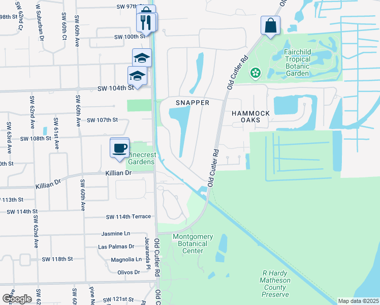 map of restaurants, bars, coffee shops, grocery stores, and more near 11055 Snapper Creek Road in Coral Gables
