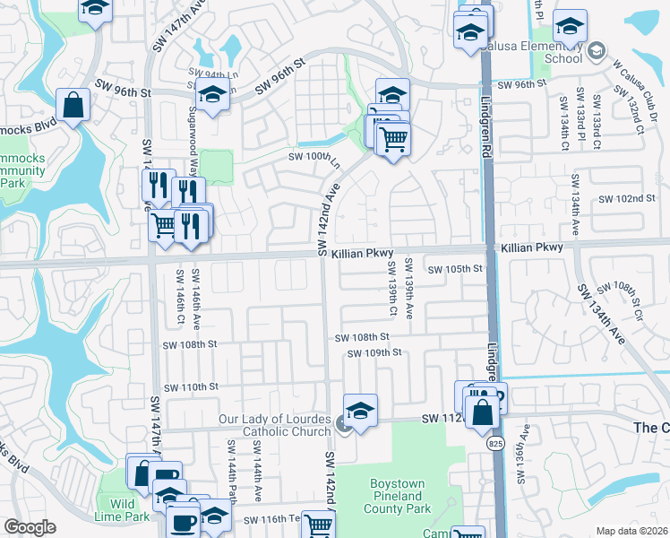 map of restaurants, bars, coffee shops, grocery stores, and more near 10420 Southwest 141st Avenue in Miami