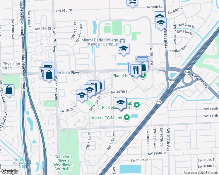 map of restaurants, bars, coffee shops, grocery stores, and more near 10631 Southwest 106th Street in Miami