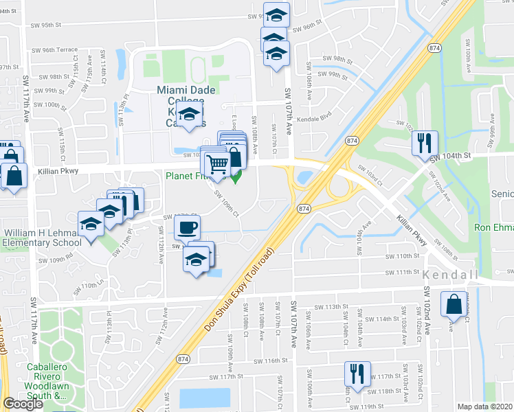 map of restaurants, bars, coffee shops, grocery stores, and more near 10785 Southwest 108th Avenue in Miami