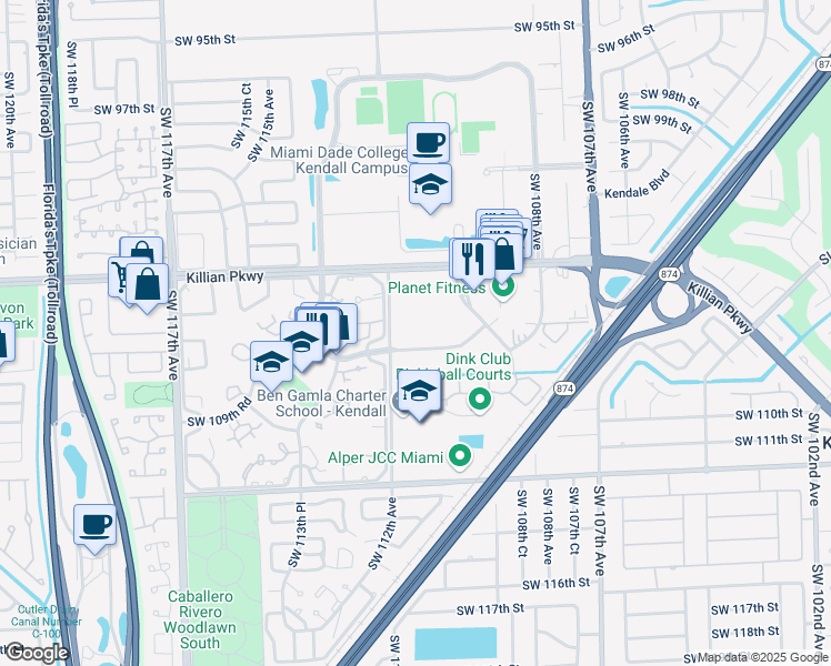 map of restaurants, bars, coffee shops, grocery stores, and more near 10621 Southwest 112th Avenue in Miami