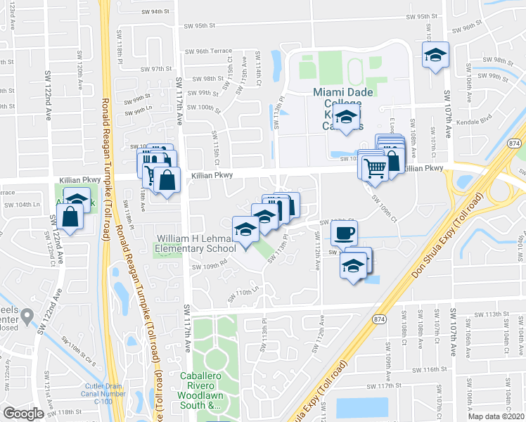 map of restaurants, bars, coffee shops, grocery stores, and more near 10680 Southwest 113th Place in Miami