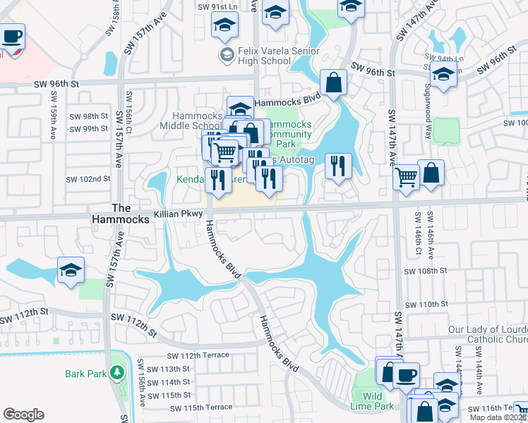 map of restaurants, bars, coffee shops, grocery stores, and more near 15140 Southwest 104th Street in Miami