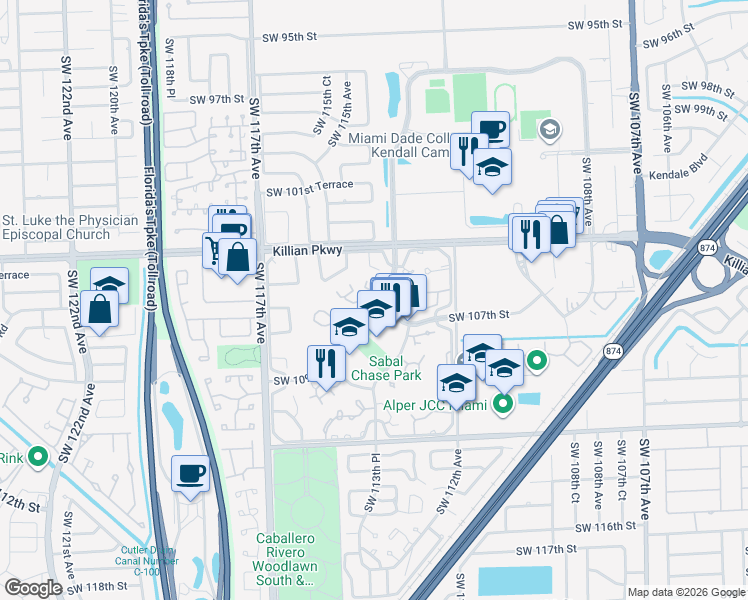 map of restaurants, bars, coffee shops, grocery stores, and more near 11329 Southwest 109th Road in Miami