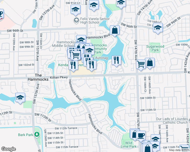 map of restaurants, bars, coffee shops, grocery stores, and more near 15108 Southwest 104th Street in Miami