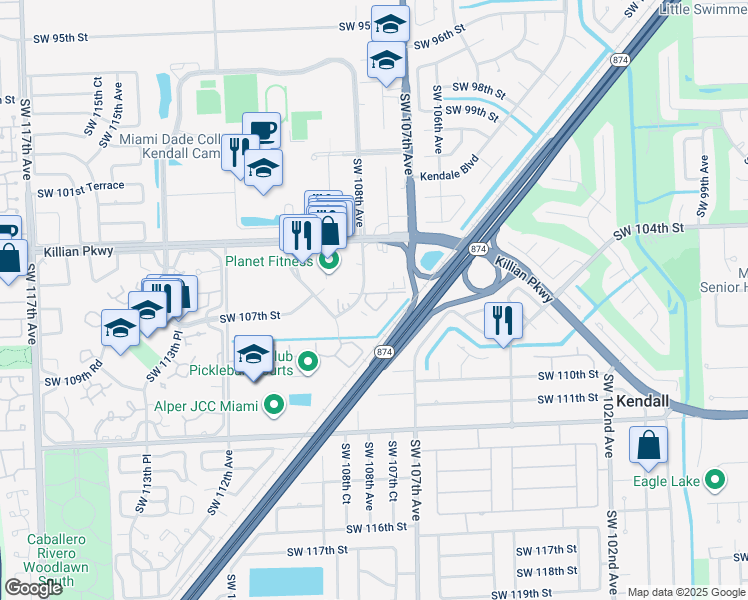 map of restaurants, bars, coffee shops, grocery stores, and more near 10785 Southwest 108th Avenue in Miami