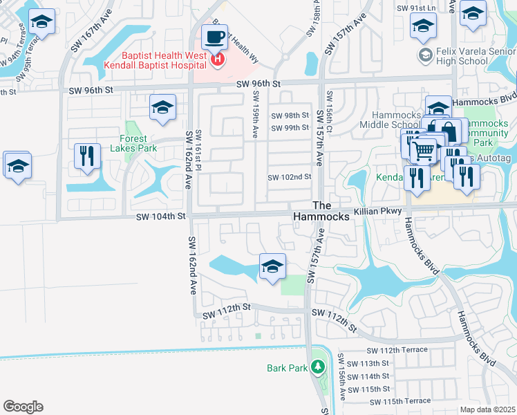 map of restaurants, bars, coffee shops, grocery stores, and more near 15810 Southwest 103rd Lane in Miami