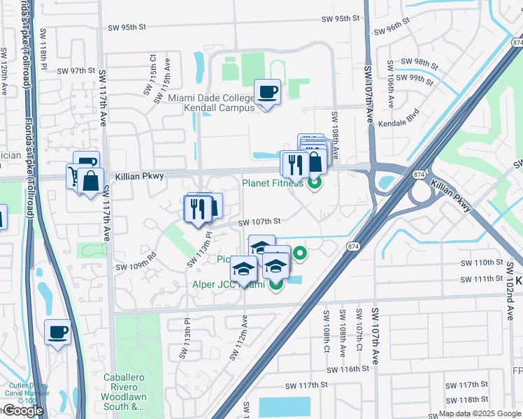 map of restaurants, bars, coffee shops, grocery stores, and more near 10621 Southwest 112th Avenue in Miami